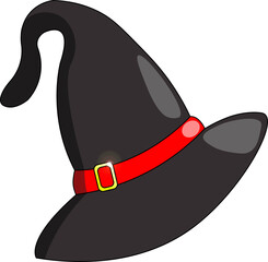 gray witch hat with red ribbon and gold clasp