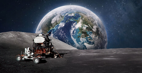 Astronaut on Moon surface. Earth planet on background. Apollo space program. Expedition to...