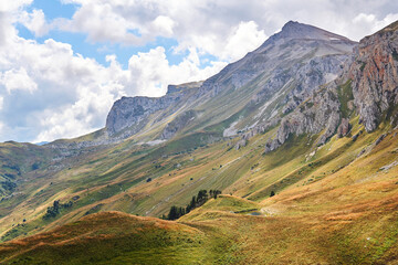 beautiful mountain landscape with a rocky ridge in the distance and an autumn alpine meadow in the foreground