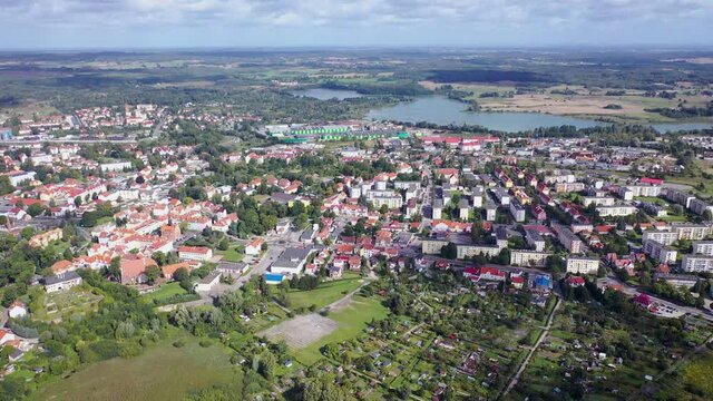 4k drone footage of Morag town, Ostroda County, Warmia Mazury region of Poland
