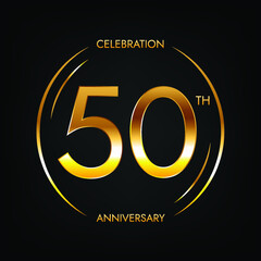 50th anniversary. Fifty years birthday celebration banner in bright golden color. Circular logo with elegant number design.