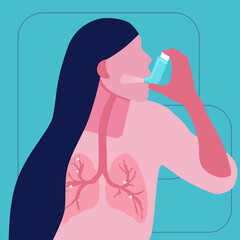 Obraz na płótnie Canvas World COPD day.Chronic obstructive pulmonary disease concept.Asthmatic girl breathes with an inhaler.Lungs illness in trendy colors.Woman uses nebulizer against an allergic attack.Bronchial asthma.