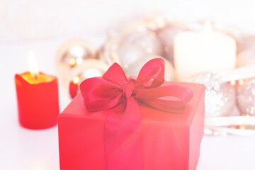 Christmas composition with gift box and decorations. merry christmas. soft and selictive focus