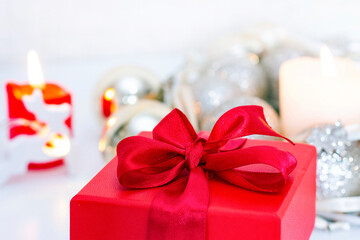 Christmas composition with gift box and decorations. merry christmas. soft and selictive focus