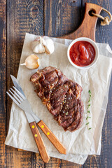 Grilled beef steak. American cuisine. Recipe. Meat.