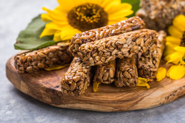 Kozinaki with seeds, nuts, with honey. Useful snacks. Fitness nutrition, nutritious snack, energy bar.