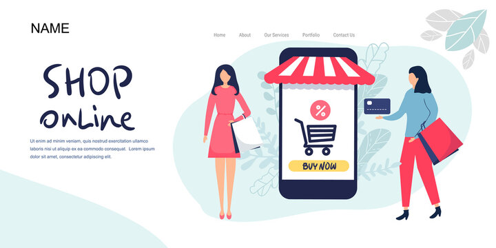 Landing page, Online shopping concept banner with characters. Can use for web banner, infographics, hero images. Flat vector illustration isolated on white background.