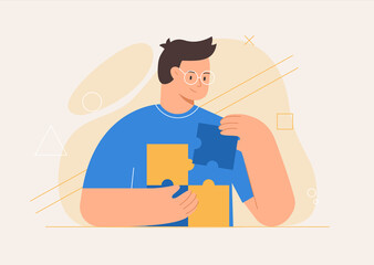 Business concept. Man connecting puzzle elements or jigsaw pieces, abstract shapes on the background. Flat style vector illustration.