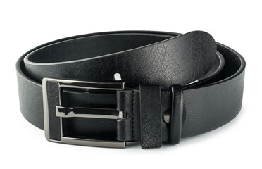 Fastened fashionable men's leather belt with dark matted metal buckle isolated on white background.
