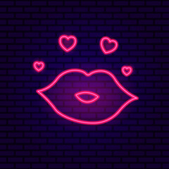 Kiss and hearts neon sign  Glowing neon figure. Holiday, celebration, present. Vector illustration in neon style for greeting card, invitation, announcement