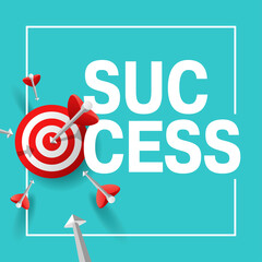 Success concept - business strategy and targeting success - bulls eye hit in archery, target and flying arrows - square vector banner