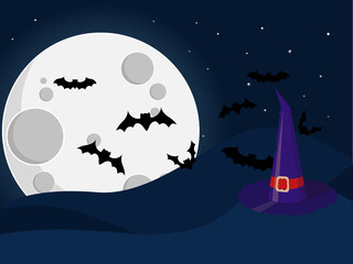 Haloween background banner. Horror moon, bats, creepy pumpkin and graves silhouettes backdrop. Vector illustration.