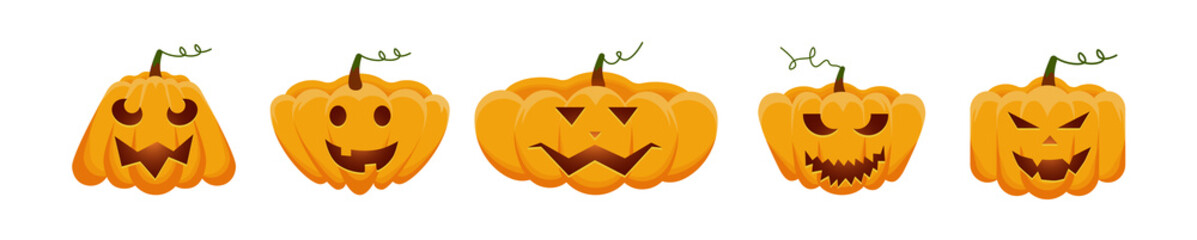 Set of different shapes and sizes orange pumpkins with happy face isolated on a white background. The main symbol of the Happy Halloween holiday. Simple pumpkin cartoon colorful. Vector illustration.