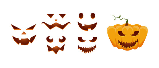 Halloween Pumpkin flat icons set. Sign kit face constructor. The main symbol of the Happy Halloween holiday.