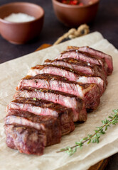 Grilled beef steak. American cuisine. Recipe. Meat.