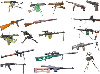 set of firearms weapons. pistols, rifles, machine guns