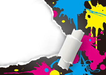 Ripped paper with CMYK colors ink splashes  . 
Ripped paper with place for your image or text. Concept for presenting color printing. Vector available.