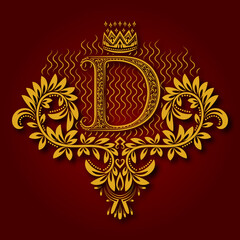 Letter D heraldic monogram in coats of arms form. Vintage golden logo with shadow on maroon background. Letter D is surrounded by floral elements of design.