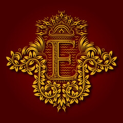 Letter E heraldic monogram in coats of arms form. Vintage golden logo with shadow on maroon background. Letter E is surrounded by floral elements of design.
