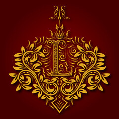 Letter L heraldic monogram in coats of arms form. Vintage golden logo with shadow on maroon background. Letter L is surrounded by floral elements of design.