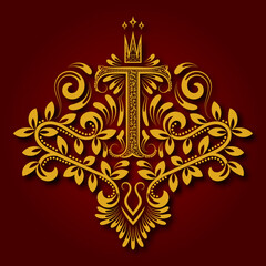 Letter T heraldic monogram in coats of arms form. Vintage golden logo with shadow on maroon background. Letter T is surrounded by floral elements of design.