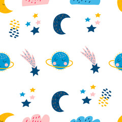 Fototapeta na wymiar Seamless pattern with cute blue moon, clouds, planet, stars on a white background, in vector graphics. For the design of wrapping paper, children's pajamas, t-shirts, covers