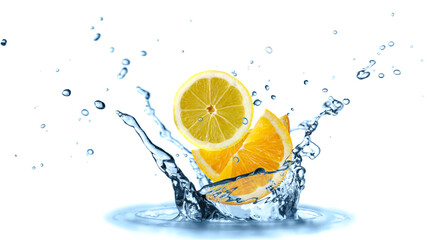 Lemon and orange slices splash in water