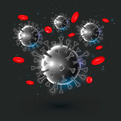 Design of a coronavirus outbreak with a viral cell in microscopic form. Illustration template on the topic of a dangerous SARS epidemic for an advertising banner or leaflet.