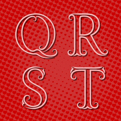Outline volumetric letters Q, R, S, T with translucent shadows. Pink letters with flourishes on red hearts background. Vintage font in pop art style.