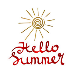 Hello Summer red lettering phrase with gold sun.