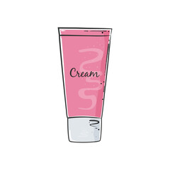 Cream in pink tube for face and body care isolated on white background. Vector illustration.