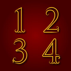 One, two, three, four golden vintage numbers with shadow. Numbers of lines with flourishes. Font in royal style.