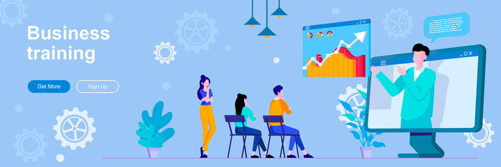 Business training landing page with people characters. Online webinar with business coach banner. Professional workshop vector illustration. Flat concept great for social media promotional materials.