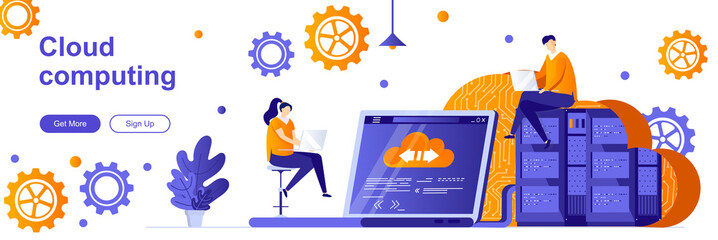 Cloud computing landing page with people characters. Hosting platform service web banner. data storage and processing vector illustration. Flat concept great for social media promotional materials.