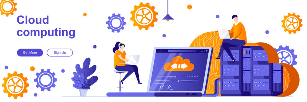 Cloud computing landing page with people characters. Hosting platform service web banner. data storage and processing vector illustration. Flat concept great for social media promotional materials.