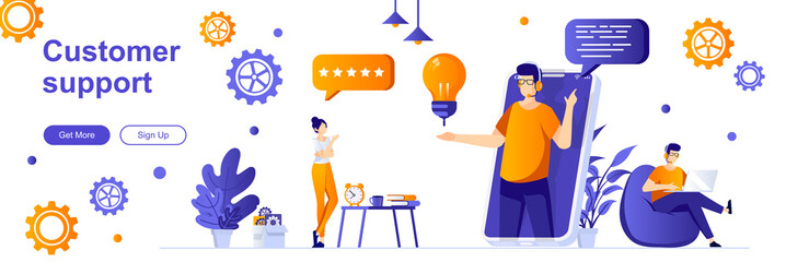Customer support landing page with people characters. Online customer assistance service web banner. Call center operator vector illustration. Flat concept great for social media promotional materials