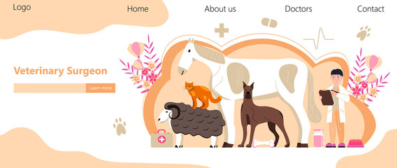 Veterinarian concept vector. Animal doctors diagnosing diseases of dog, cat. Pet health care for website.