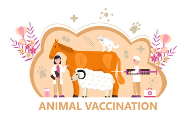 Veterinarian concept vector. Animal doctors diagnosing diseases of dog, cat. Pet health care for website.