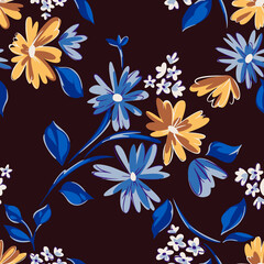 Floral seamleass pattern made of scattered garden flowers in bloom. Summer botanical background with hand drawn daisies. Good for dress, textile, clothes, fabric, wrapping.