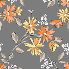 Floral seamleass pattern made of scattered garden flowers in bloom. Summer botanical background with hand drawn daisies. Good for dress, textile, clothes, fabric, wrapping.