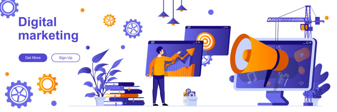 Digital marketing landing page with people. Social media and web content promotion web banner. SMM and SEO technology vector illustration. Flat concept great for social media promotional materials.