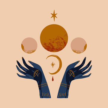 Hand drawn boho hands and moon art. Vector illustration