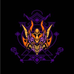 Vector illustration of cyborg robot knight against a background of sacred geometric ornaments. Perfect for T-Shirt Designs, gaming profiles,. Artificial, future.