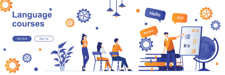 Language courses landing page with people characters. Teaching service web banner. E-learning platform, distance education vector illustration. Flat concept great for social media promotional material
