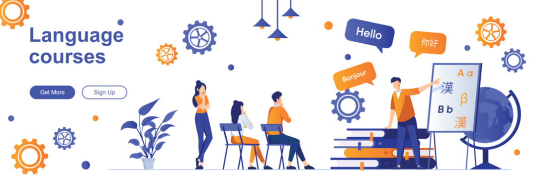 Language courses landing page with people characters. Teaching service web banner. E-learning platform, distance education vector illustration. Flat concept great for social media promotional material