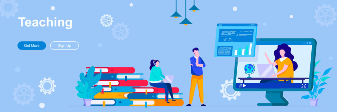 Teaching landing page with people characters. Personal teacher service web banner. Educational webinar, online classes vector illustration. Flat concept great for social media promotional materials.
