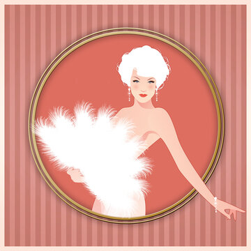 Beautiful and sexy lady dressed in the retro Burlesque style, wearing a fan of featherson oval frame on vintage style striped background