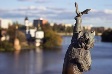 Vinnytsia, Ukraine -  14 October, 2020. Bronze sculpture of a cat with a butterfly on the Kiev...