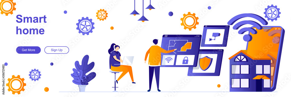 Aufkleber smart home landing page with people characters. automatic systems engineering web banner. smart hous