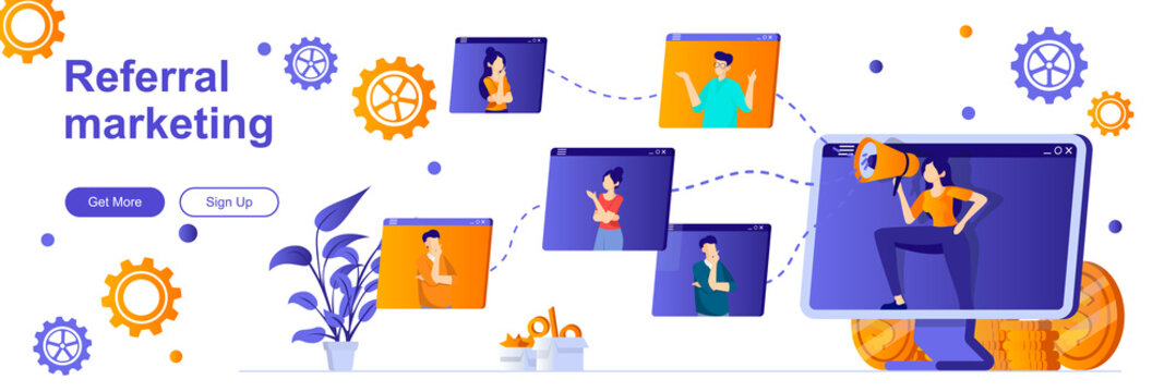 Referral marketing landing page with people characters. Customer referral program banner. Promoting products or services vector illustration. Flat concept great for social media promotional materials.